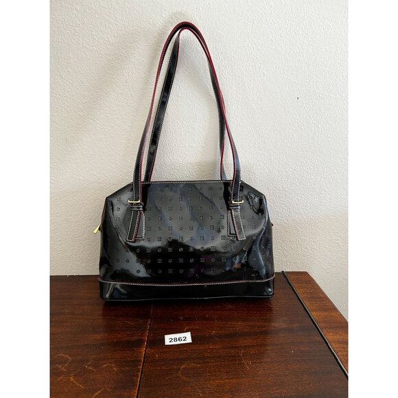 Arcadia Black Patent Leather Tote Bag Italy Double Handles Interior Pockets - Picture 1 of 11